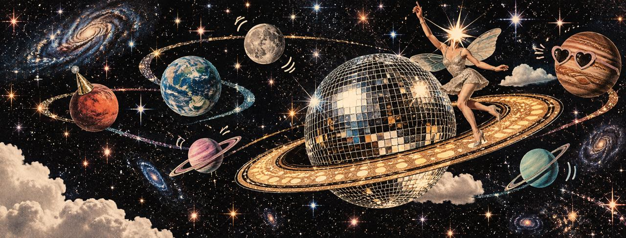 A fairy beside a golden disco-ball planet, surrounded by stars and colourful planets.